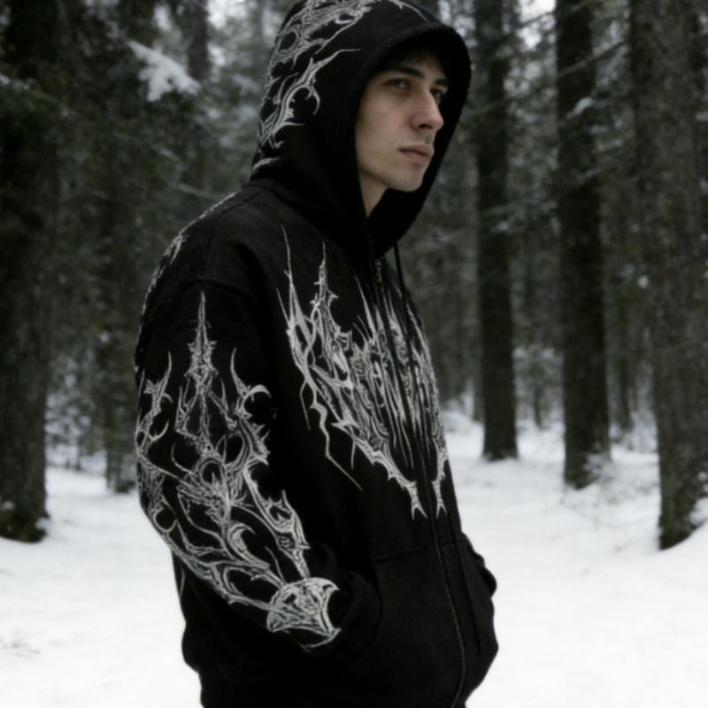 Gothic Print Oversized Fleece Zip-Up Hoodie: American Streetwear Style for Men S-3XL