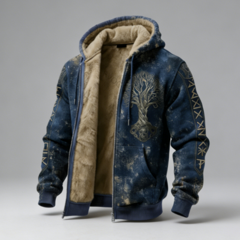 Winter Lined Reinforced Retro Yggdrasil Rune Hooded Sweatshirt Zip-Up Warm Jacket Top (Sizes M-5XL)