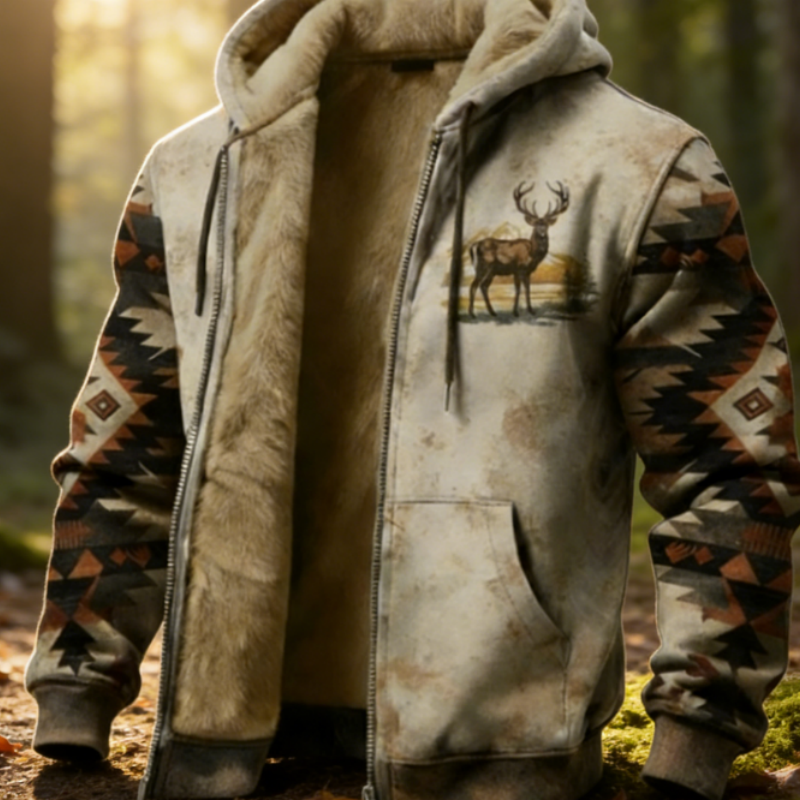 Men's Winter Lined Reinforced Retro Ethnic Style Indian Pattern Patchwork Deer Print Hooded Sweatshirt Zip-Up Jacket (Sizes M-5XL)