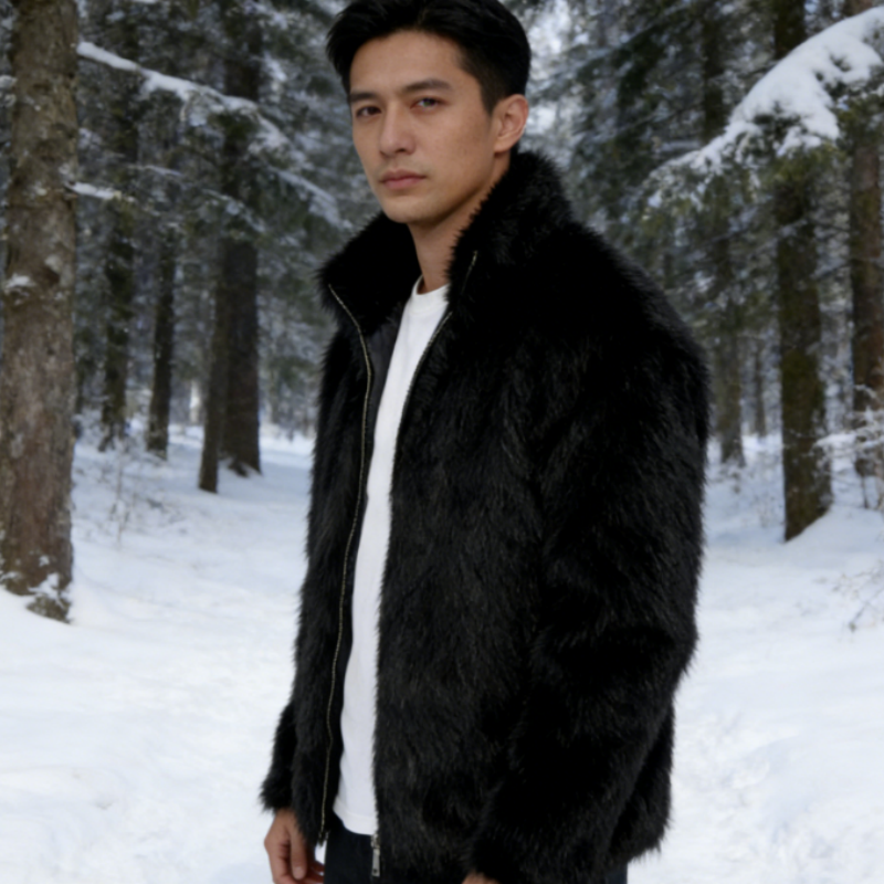 Men's Stand Collar Faux Fox Fur Short Jacket - Warm Faux Fur Coat S-3XL