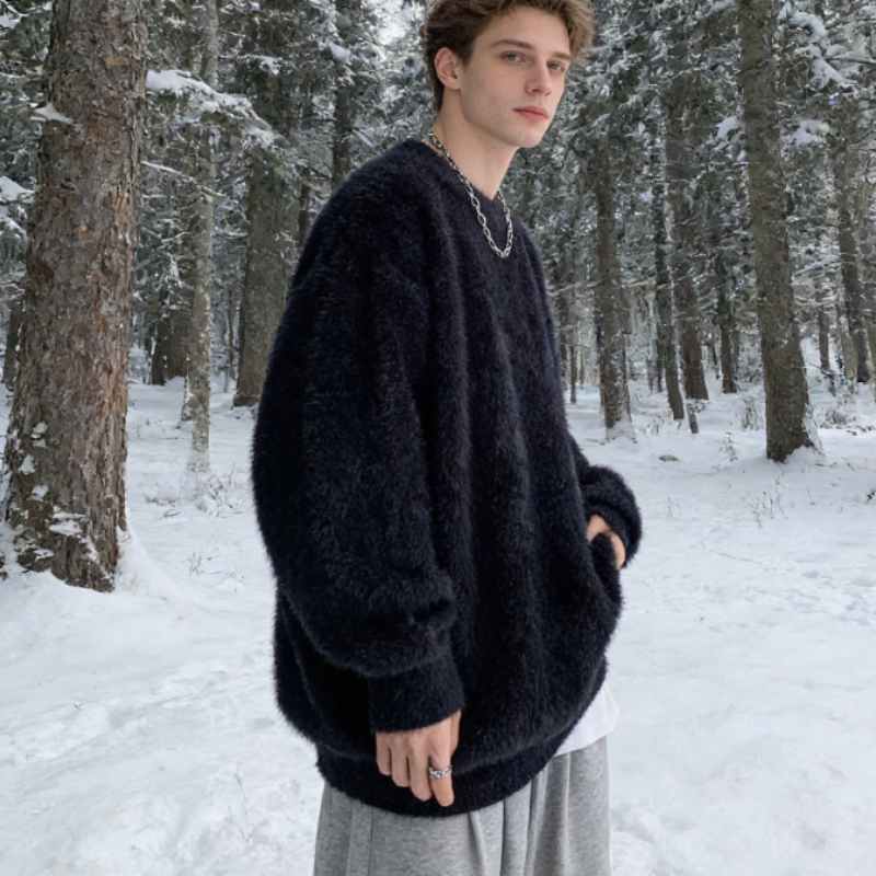 Men's Mohair Sweater Hoodie, Oversized Fit, Lazy Style American Streetwear, Fall Winter Cozy Pullover M-3XL