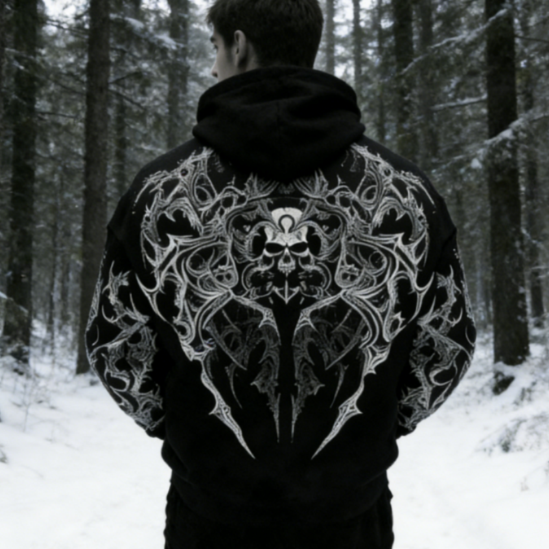 Gothic Print Oversized Fleece Zip-Up Hoodie: American Streetwear Style for Men S-3XL