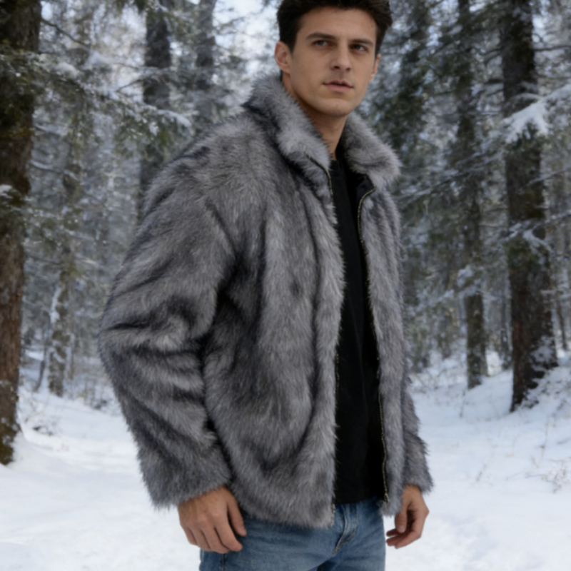 Men's Stand Collar Faux Fox Fur Short Jacket - Warm Faux Fur Coat S-3XL