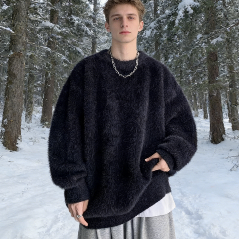 Men's Mohair Sweater Hoodie, Oversized Fit, Lazy Style American Streetwear, Fall Winter Cozy Pullover M-3XL