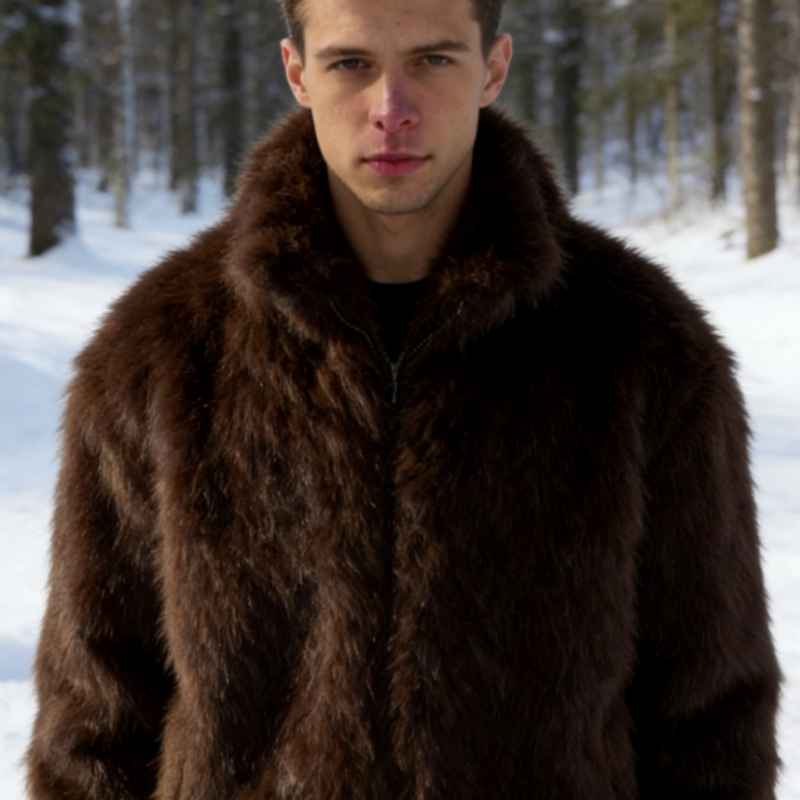 Men's Stand Collar Faux Fox Fur Short Jacket - Warm Faux Fur Coat S-3XL