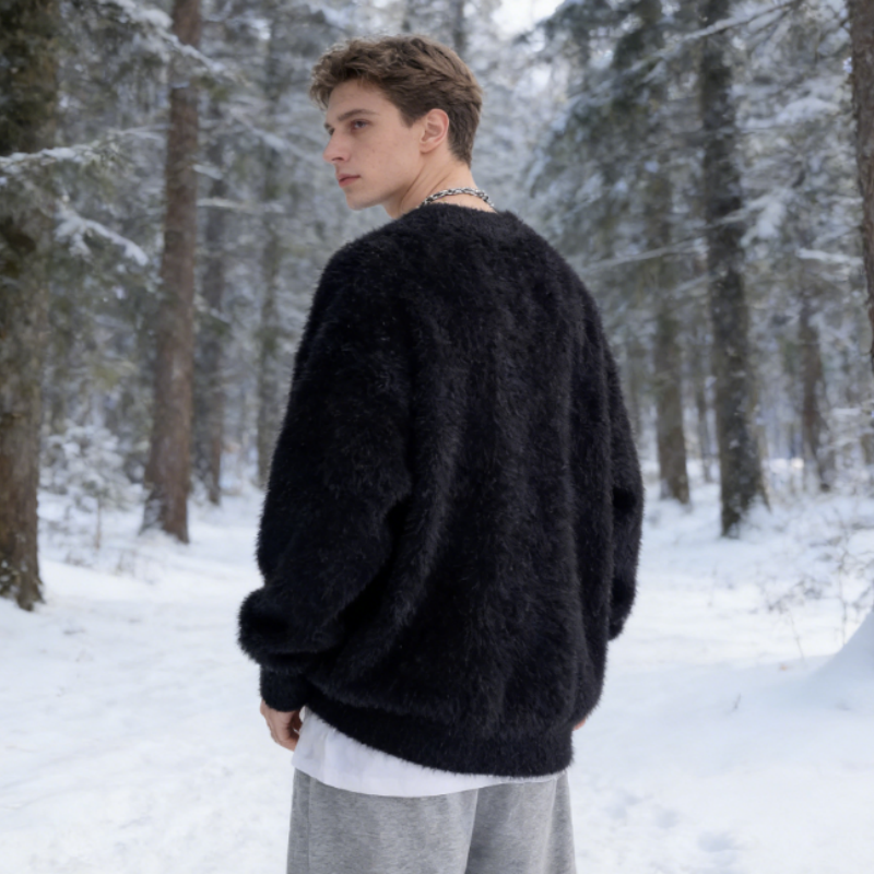 Men's Mohair Sweater Hoodie, Oversized Fit, Lazy Style American Streetwear, Fall Winter Cozy Pullover M-3XL