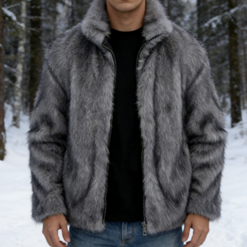 Men's Stand Collar Faux Fox Fur Short Jacket - Warm Faux Fur Coat S-3XL